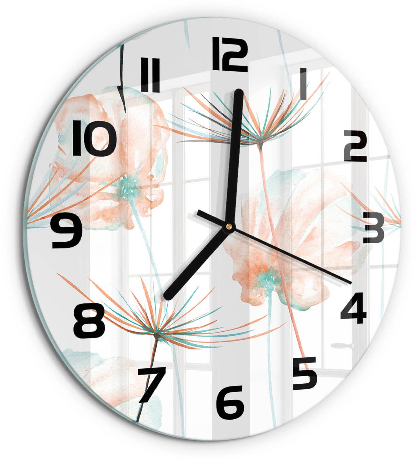 TULUP Wandklok - Paardebloem Wandklok Glas Met Motief - fi30 cm - Oranje Decoratieve Glazen Klok - Zwarte handen - Ronde Klok - Gekleurde Glazen Klok - Glazen Klok Met Print