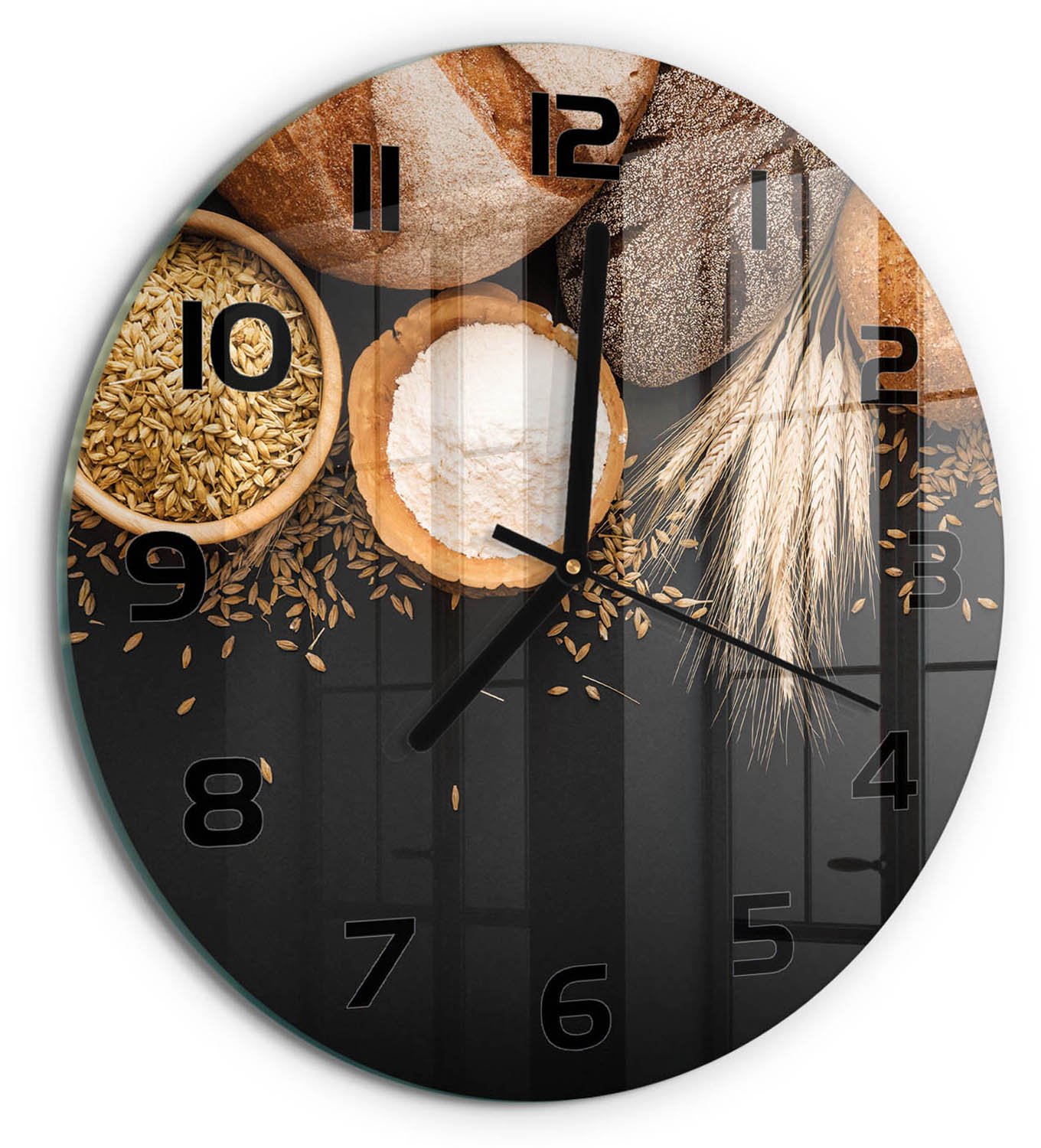 TULUP Wandklok - Brood en tarwe Glazen Klok Met Print - fi30 cm - Bruin Wandklok Glas Met Motief - Zwarte handen - Ronde Klok - Wandklok Glas Decoratie - Gekleurde Glazen Klok