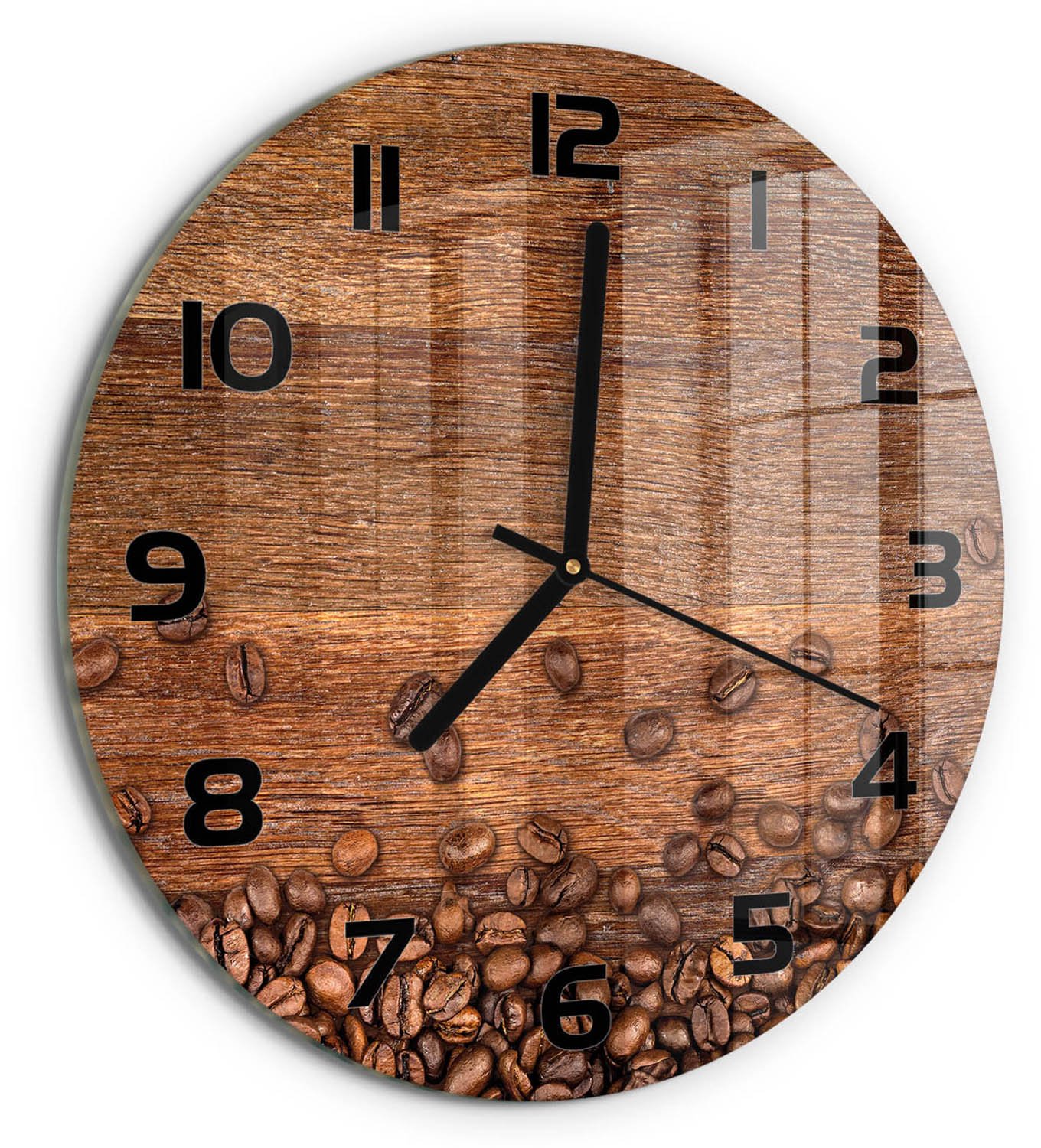 TULUP Wandklok - Koffiebonen Klok Glas Met Opdruk - fi30 cm - Bruin Moderne Wandklok Glas - Zwarte handen - Ronde Klok - Decoratieve Glazen Klok - Glazen Wandklok Design