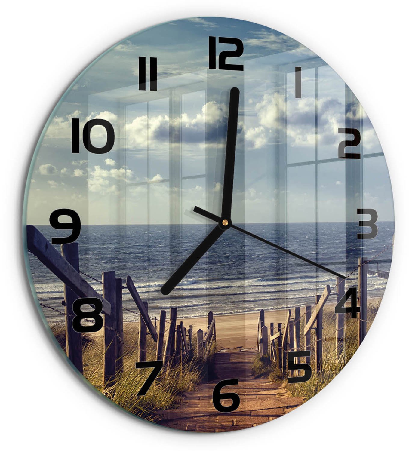 TULUP Wandklok - De weg naar het strand Glazen Klok Met Print - fi30 cm - Blauw Wandklok Glas Met Motief - Zwarte handen - Ronde Klok - Wandklok Glas Decoratie - Gekleurde Glazen Klok