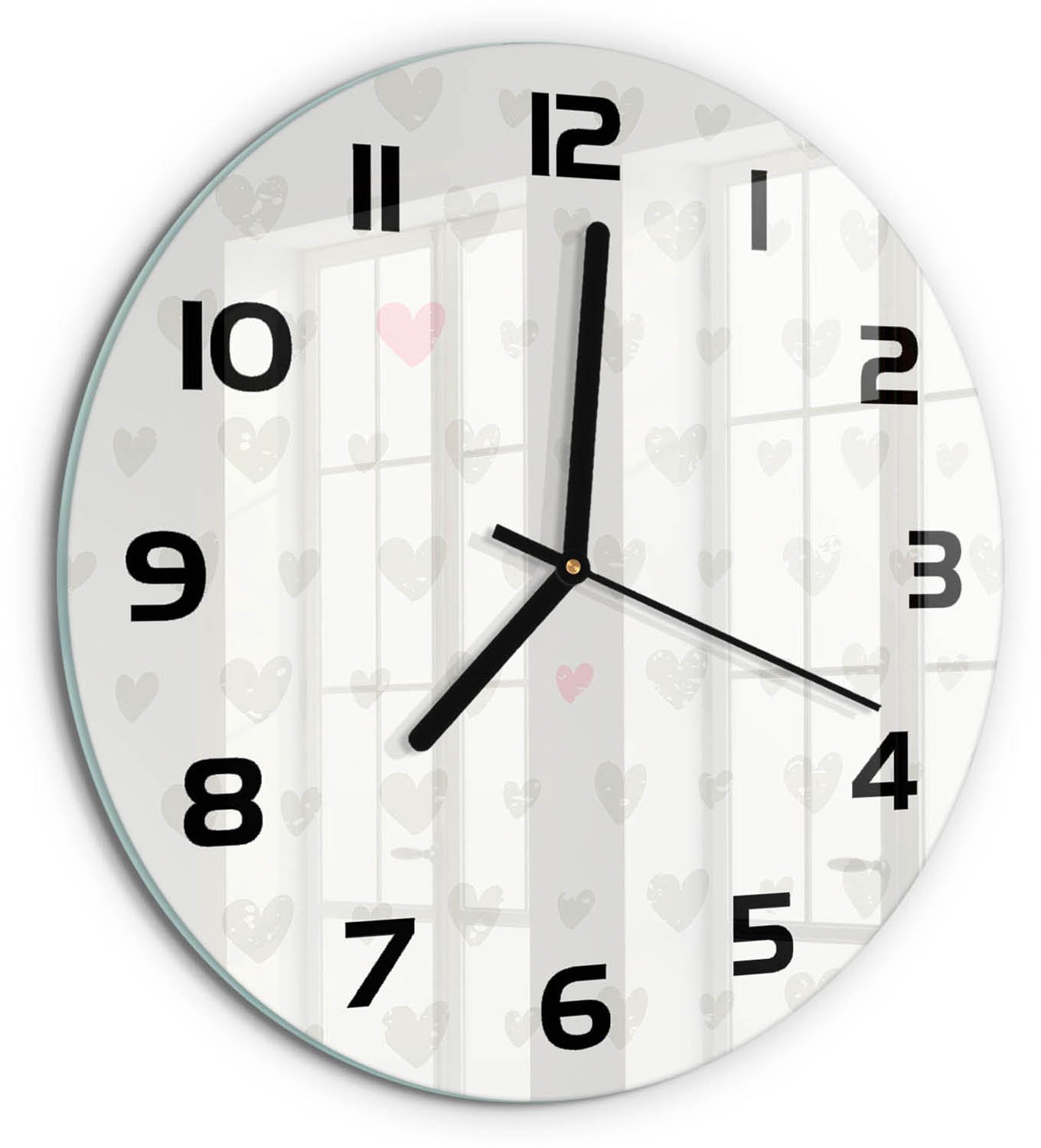 TULUP Wandklok - Hartachtergrond Decoratieve Glazen Klok - fi30 cm - Grijs Glazen Wandklok Design - Zwarte handen - Ronde Klok - Glazen Klok Met Print - Wandklok Glas Met Motief