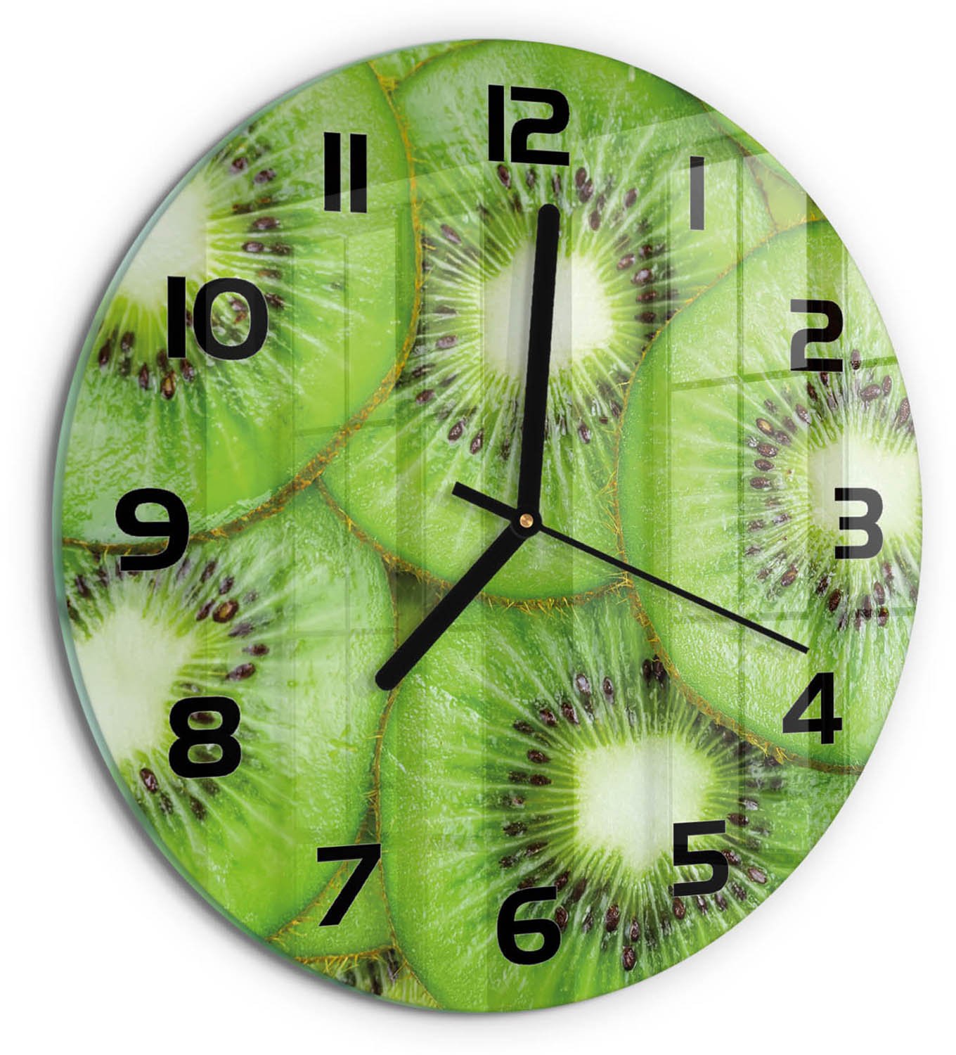 TULUP Wandklok - Kiwi Moderne Wandklok Glas - fi30 cm - Groente Wandklok Glas Decoratie - Zwarte handen - Ronde Klok - Glazen Wandklok Design - Klok Glas Met Opdruk