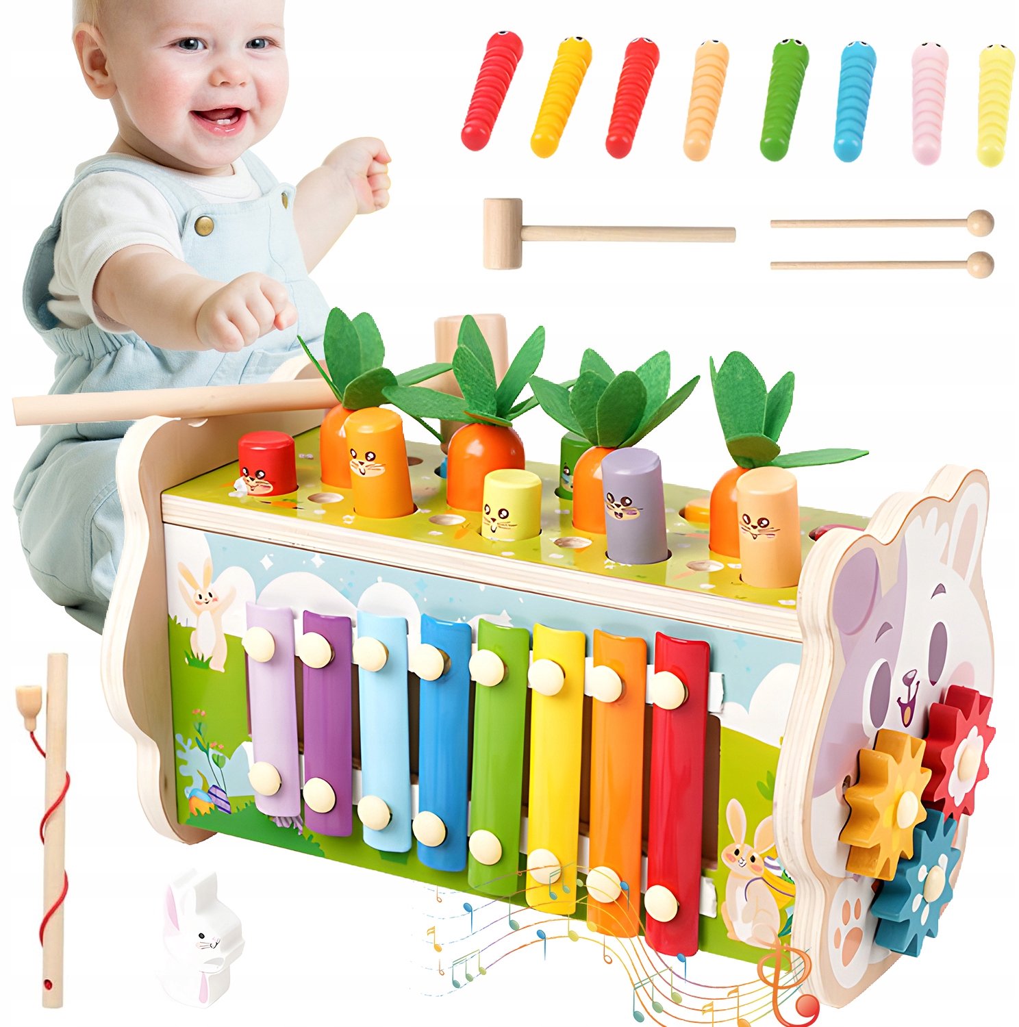 Houten Montessori Speelgoed - Sorteer- & Stapelspel - Whack a Mole Spel & Xylofoon - Educatief Speelgoed - Kinderspeelgoed - Kleurherkenning & Hand-oogcoördinatie - Vanaf 1 Jaar - Voor Peuters & Kleuters