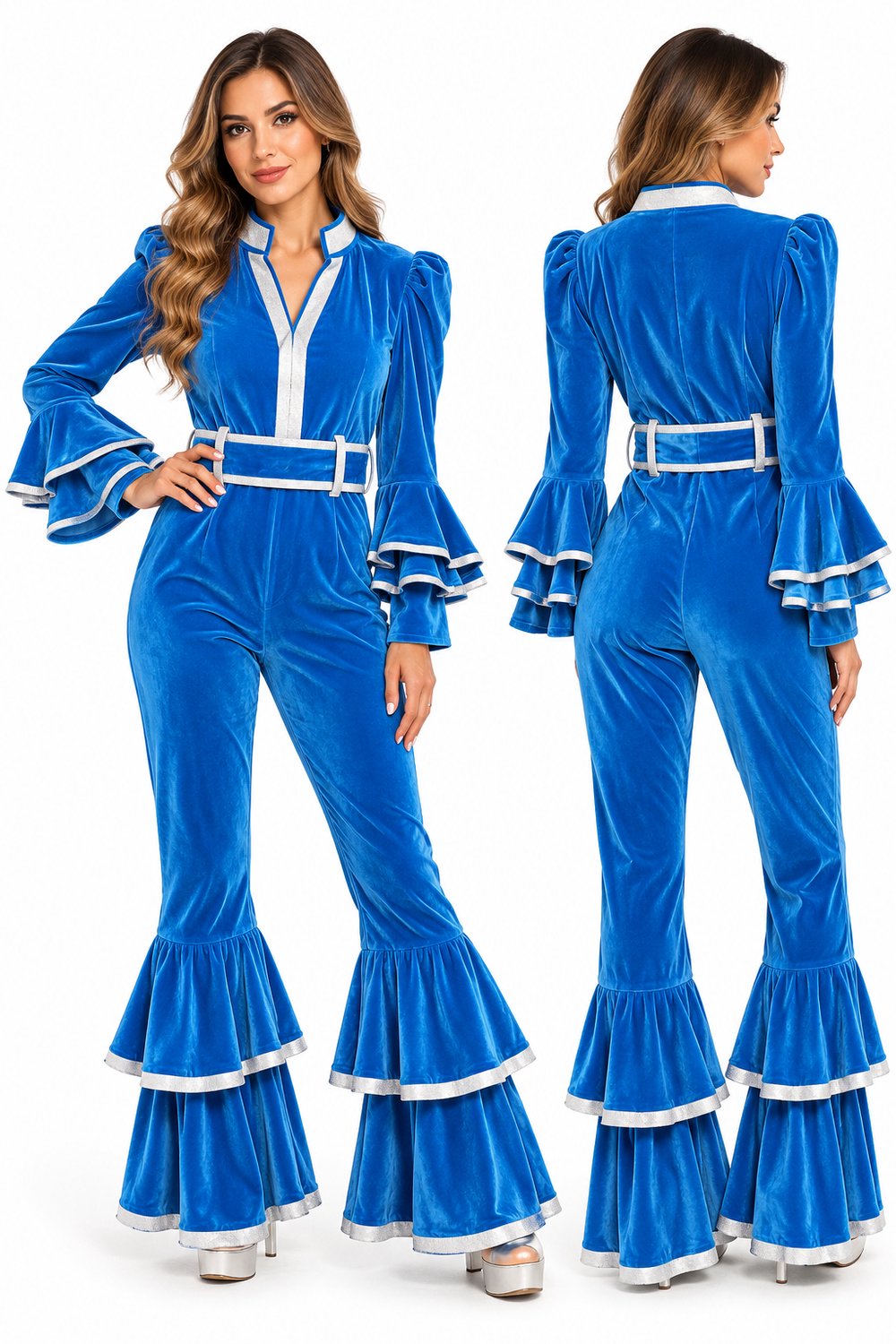 Blauwe Fluwelen Disco Jumpsuit Dames – Jaren 70 Kostuum – Retro Carnaval Verkleedpak met Zilveren Details - maat S