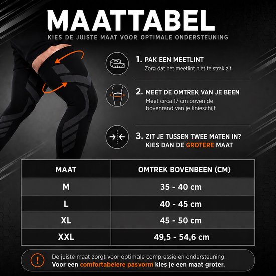 Maattabel voor knie sleeves met instructies en maattabel.