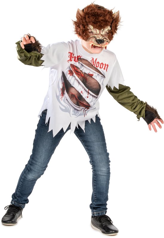 Enfant en costume de loup-garou avec masque, T-shirt blanc déchiré avec texte Full Moon, manches vertes et jean bleu.