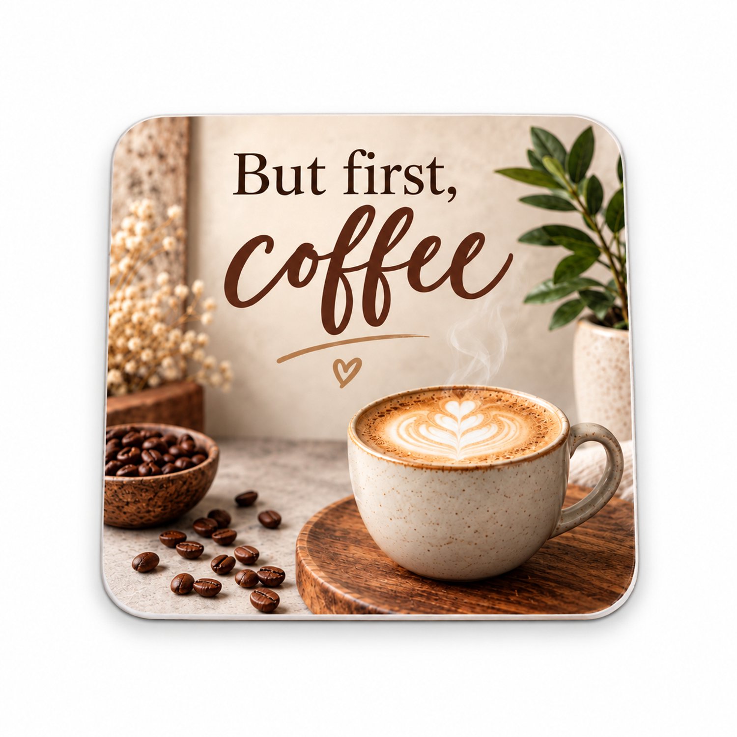 Koffie MDF onderzetter 10 x 10 cm – But First, Coffee – Vierkante Onderzetter met Koffieprint