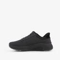 Zijzicht van een zwarte Skechers instapper met veters en suède detail.