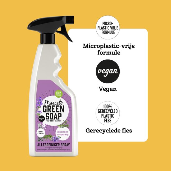 Marcel's Green Soap spray met microplasticvrije formule, vegan, in een fles van 100% gerecycled plastic.
