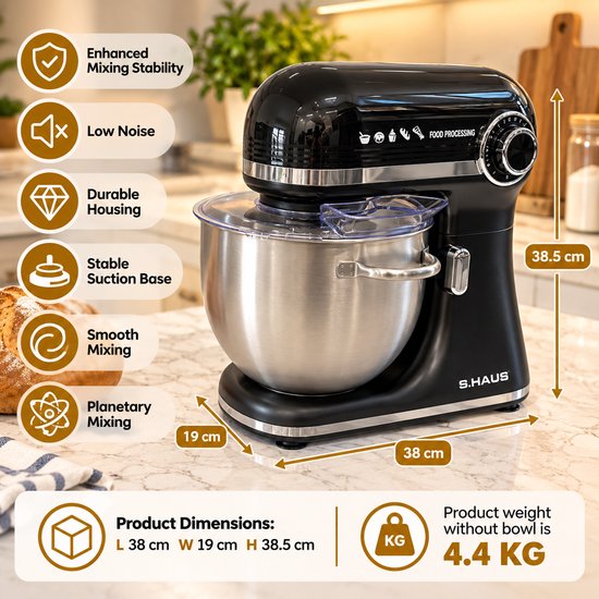 Swiss Haus® KM2307 Keukenmachine 1500W - 7.0L Keukenrobot - RVS Mengkom met Handgreep - 12 Snelheden - Multifunctionele Keukenmixer met Accessoires - Zwart van Merkloos — afbeelding 4