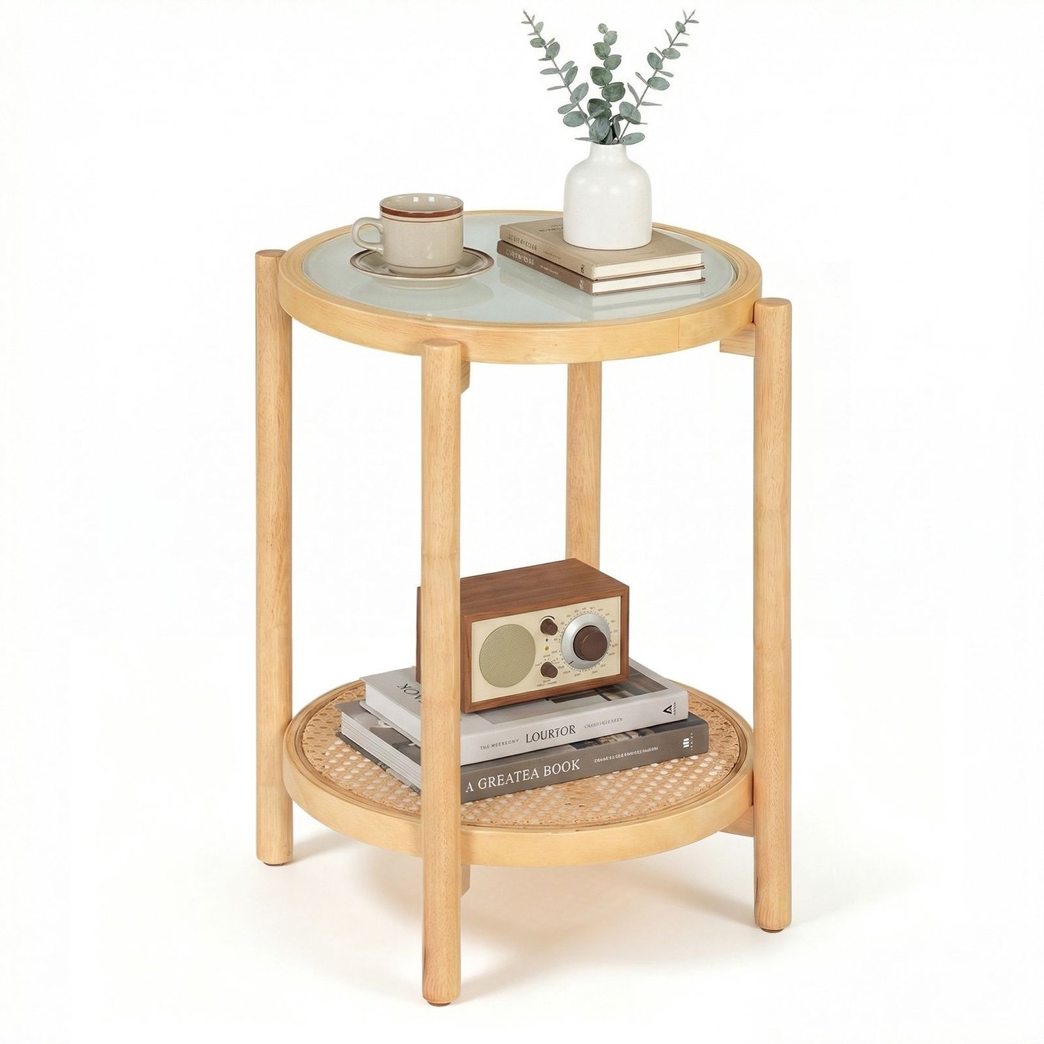 SureDeal® - Salontafel - Ronde Bijzettafel Niveaus - Rotan Plank - Blad Gehard Glas - Naturel - 47,5x47,5x58 cm