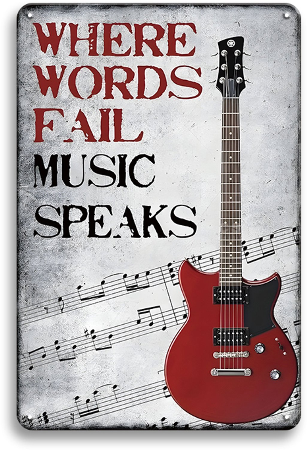 Where Words Fail Music Speaks - Metalen Wandbord 30x20cm – Muziek Tekstbord – Vintage Retro Wanddecoratie – Muziekkamer Mancave Decoratie