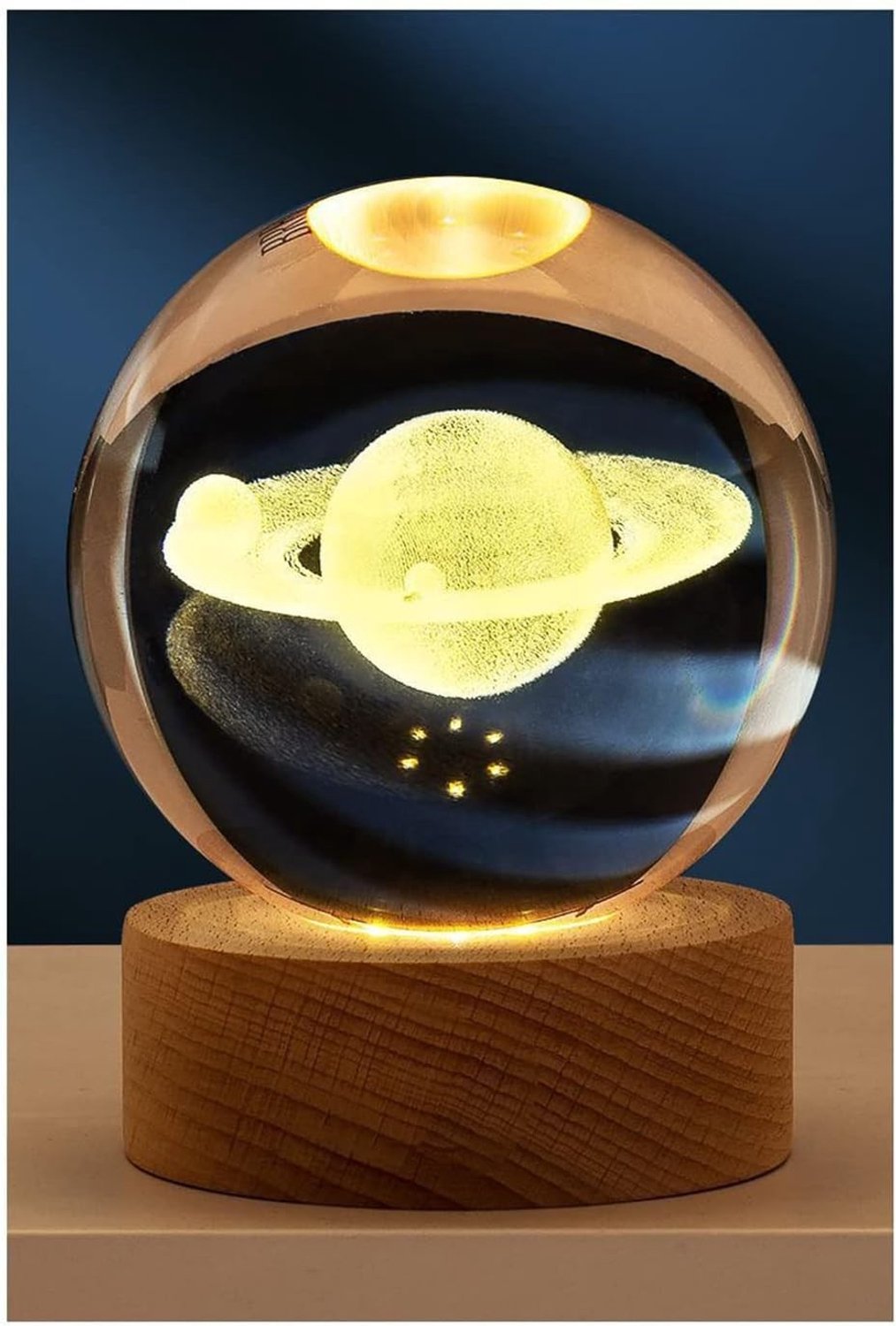 Maan Projectie Lamp - Zwart - 3D Crystal Bal met Houten Basis - Voor Sfeervolle Decoratie