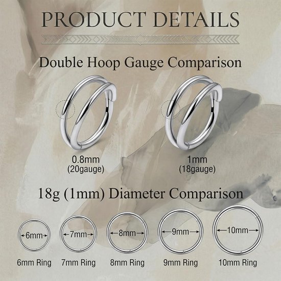 neusring dubbel 20G 18G - titanium legering - gehingd - voor septum en cartilage piercings - Homevero — afbeelding 3