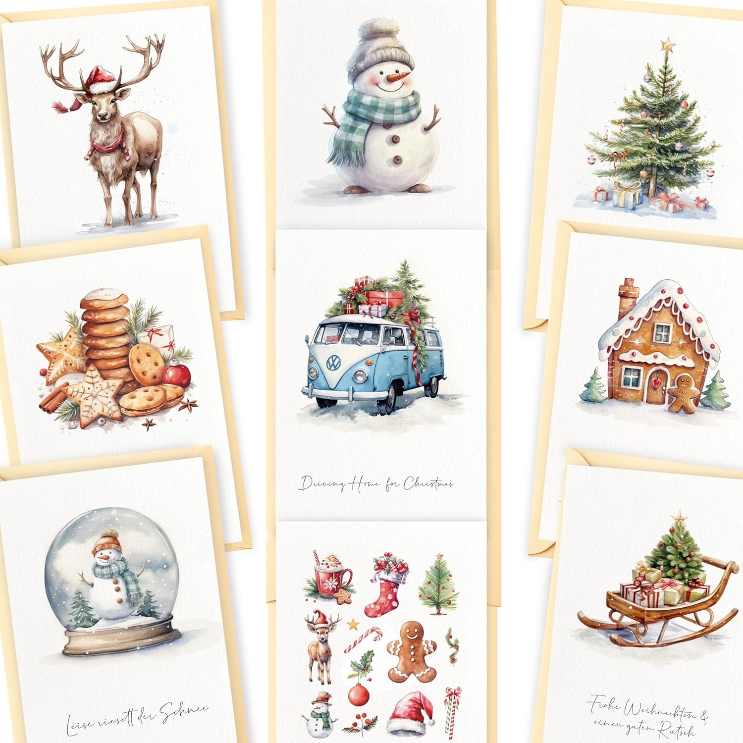 Kerstkaarten set van 10 - waterverf motieven - inclusief enveloppen en stickers - perfect voor cadeauverpakking - ShopVlot