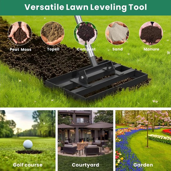 Lawn leveling rake 17" x 10" - verstelbare stainless steel handvat - heavy duty grass leveling - ShopVlot — afbeelding 4
