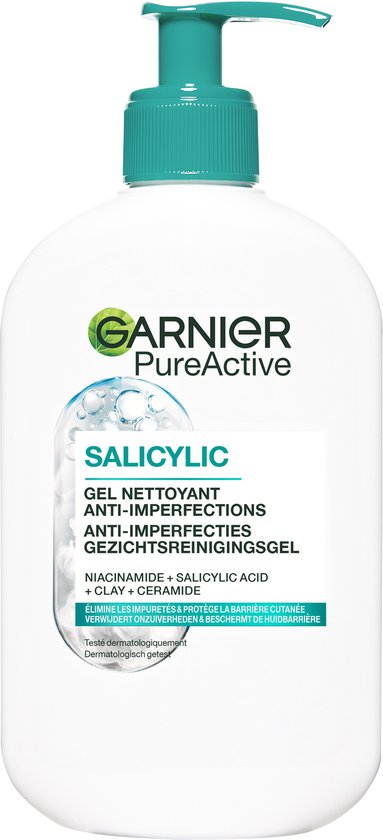 Garnier PureActive Salicylic gezichtsreiniger in witte pompflacon met groene dop. Gel reinigt tegen onzuiverheden.