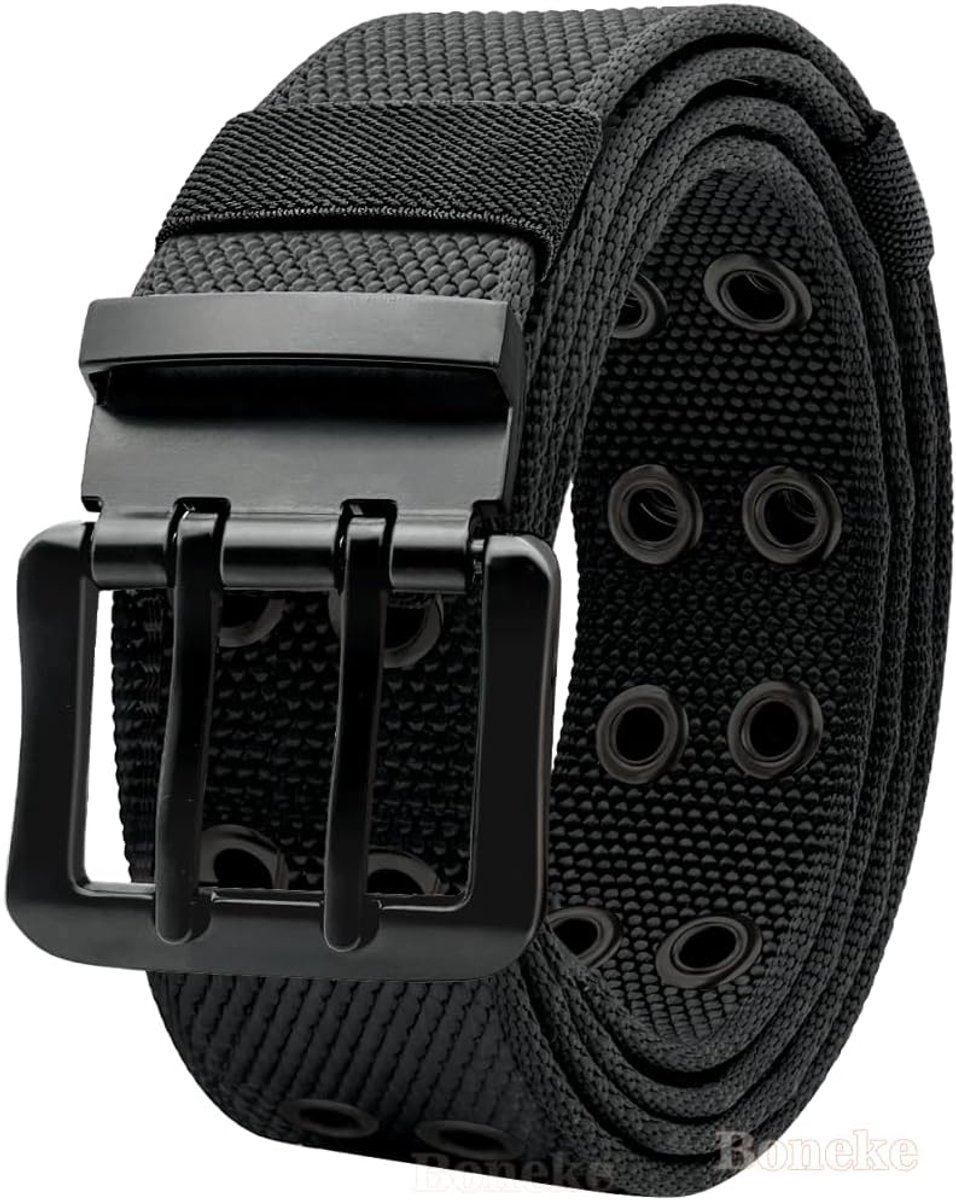 Nylon singelband dubbele doorvoertule riem voor heren, 126 cm verstelbare canvas riemen vintage zwarte gesp punk stijl - ShopVlot