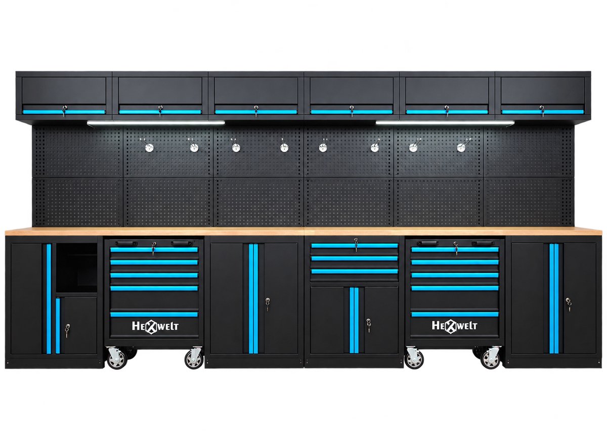 HEXWELT HW-MW-108 Werkplaatsinrichting 409 cm - Met Werkblad en LED