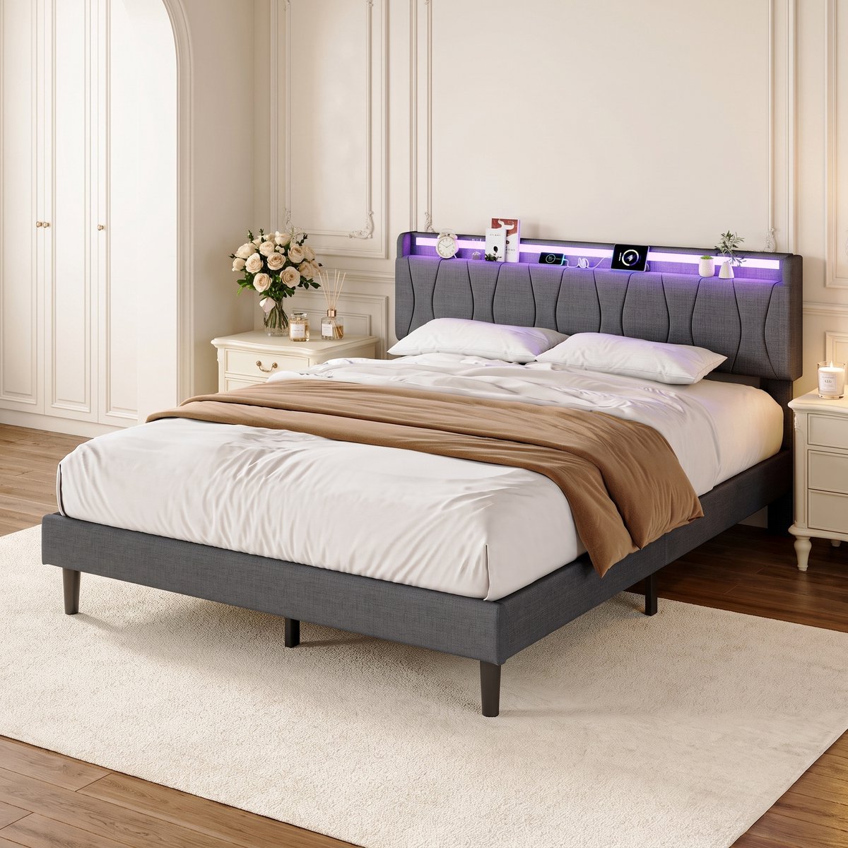 Tweepersoonsbed 140×200 cm, met opbergruimte in het hoofdeinde, gestoffeerd bed met led-lichtstrip en usb-oplaadpoort, bedframe met lattenbodem, linnen DonkerGrijs