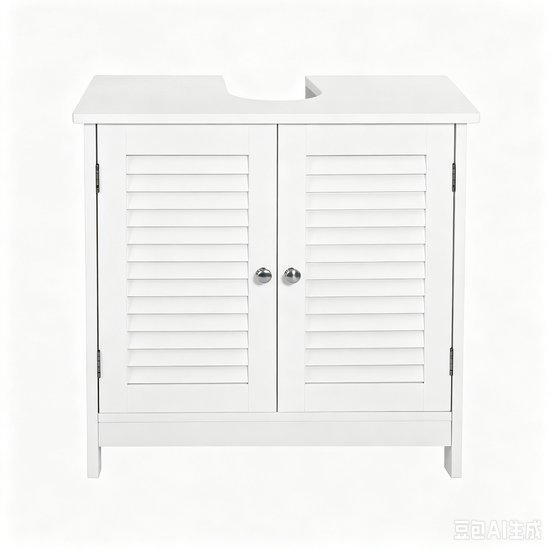 Witte badkamerkast met dubbele lameldeuren en een uitsparing voor een wastafel.