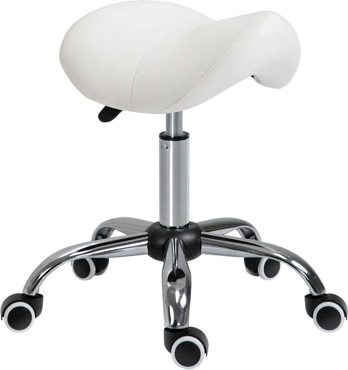 Zadelkruk - in hoogte verstelbaar 49-61 cm, 360° draaibaar, op wielen, zadelzitting, kunstleer, wit, voor salon en spa