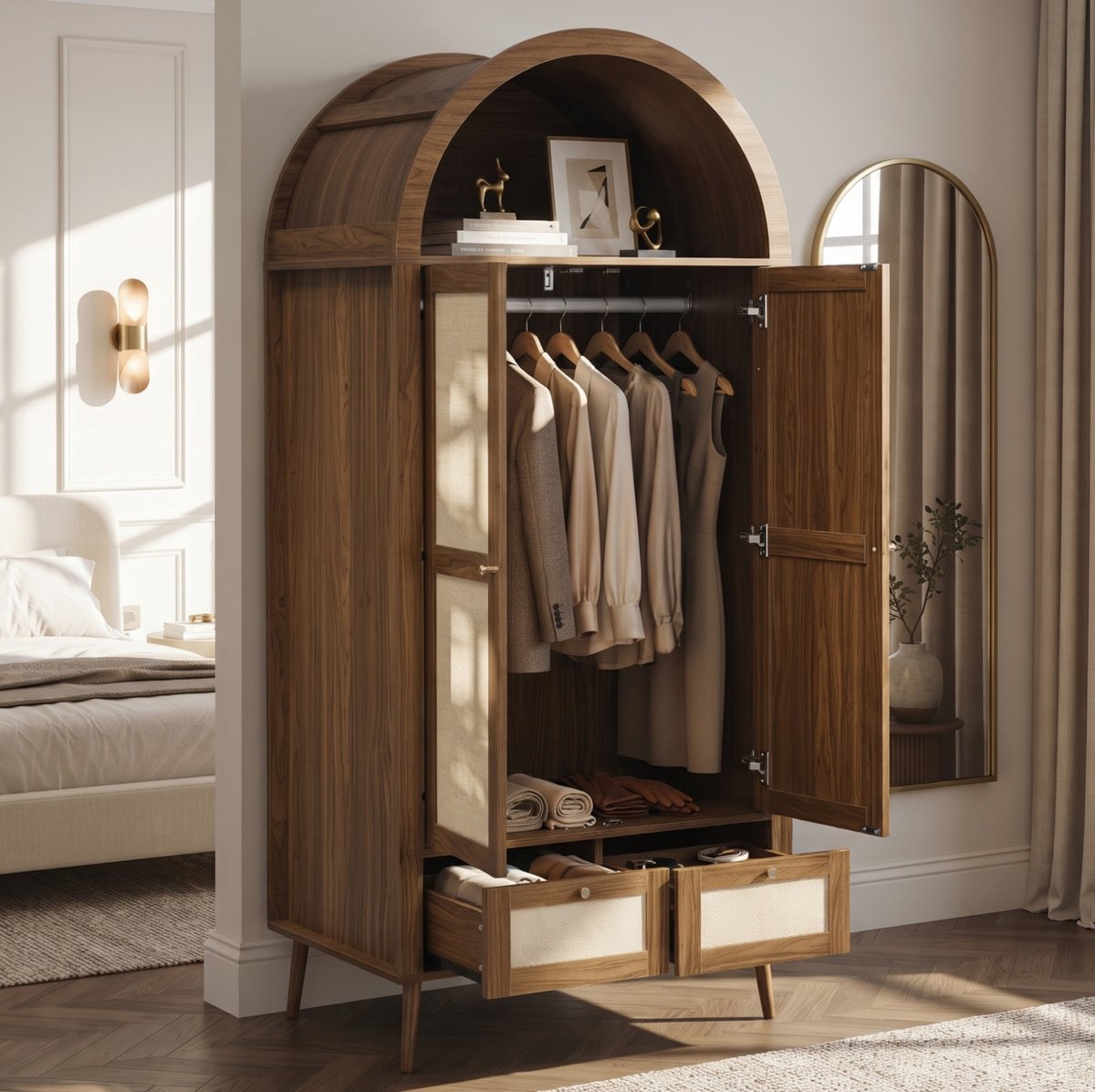 STILVORA Kledingkast - Twee Deuren En Twee Lades Met Kledingstang - Voor Slaapkamer - MDF En PE-Rotan - 80x55x180 Cm - Walnootlook Beige
