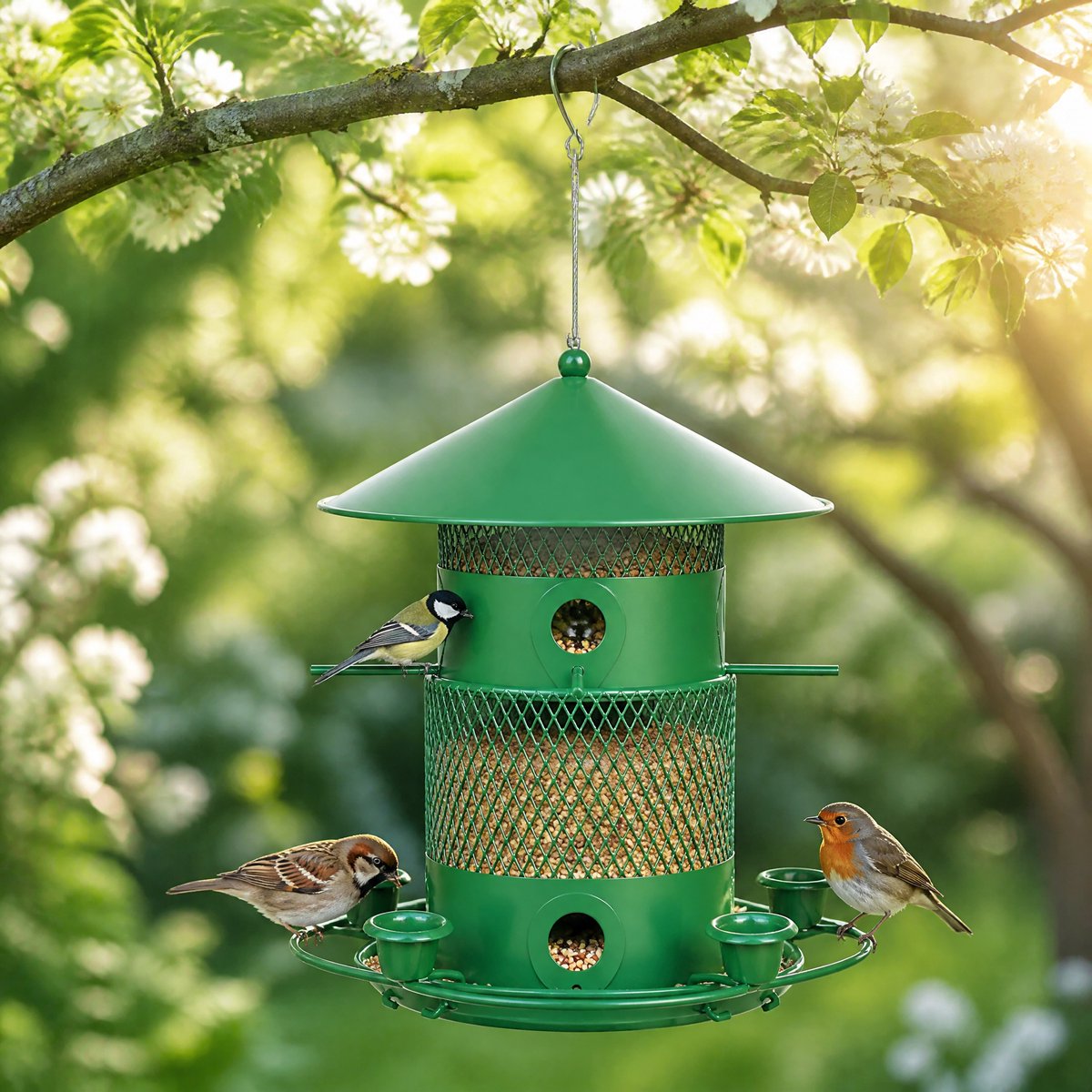 Voedersilo voor Tuinvogels - Hangende Vogelvoerhouder - Metalen Vogelvoederhuisje voor Buiten - 2-laags Vogelvoerhouder voor Tuin en Balkon - Uitschuifbaar Vogelvoerhuisje - IJzer - Groen