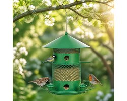Voedersilo voor Tuinvogels - Hangende Vogelvoerhouder - Metalen Vogelvoederhuisje voor Buiten - 2-laags Vogelvoerhouder voor Tuin en Balkon - Uitschuifbaar Vogelvoerhuisje - IJzer - Groen
