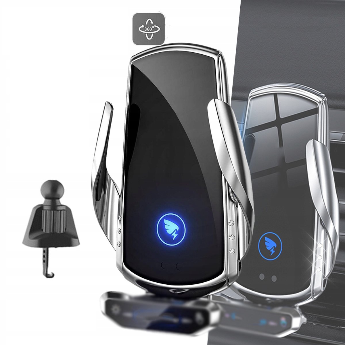 15W En Automatische Klem – Draadloze Autolader Telefoonhouder Met Slimme Sensor – 360° Draaibaar En Magnetisch Opladen – Geschikt Voor Samsung Galaxy En iPhone – Zilver – Perfect Kerstcadeau