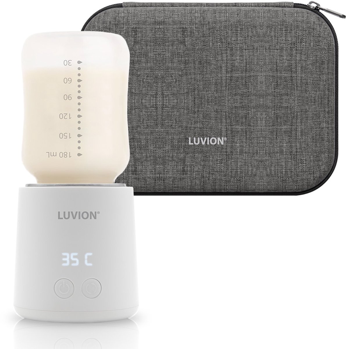 LUVION® Draagbare Flessenwarmer Ultra Pro + Protection Case - Wit - Speciale roerfunctie voor gelijkmatig opwarmen van borstvoeding en mixen van kunstvoeding - Geschikt voor nagenoeg alle merken babyflesjes - Onderweg draadloos je baby fles verwarmen