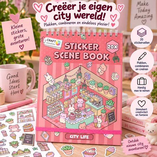 Stickerboek 'City Life' met schattige dieren en winkeltjes, 20 stickervellen, in pastelroze tinten.