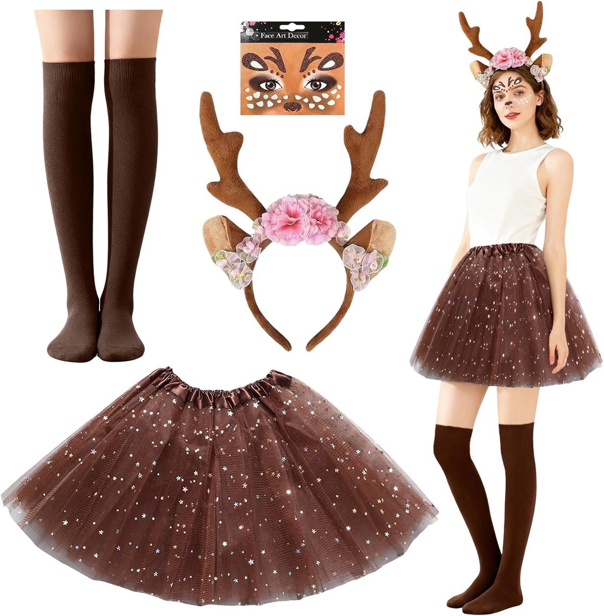 Vrouwelijk Herten Kostuum met Hoorns Haarband, Reindeer Oren, Tulle Rok en Gezichtsstickers voor Carnaval en Cosplay Feestjes