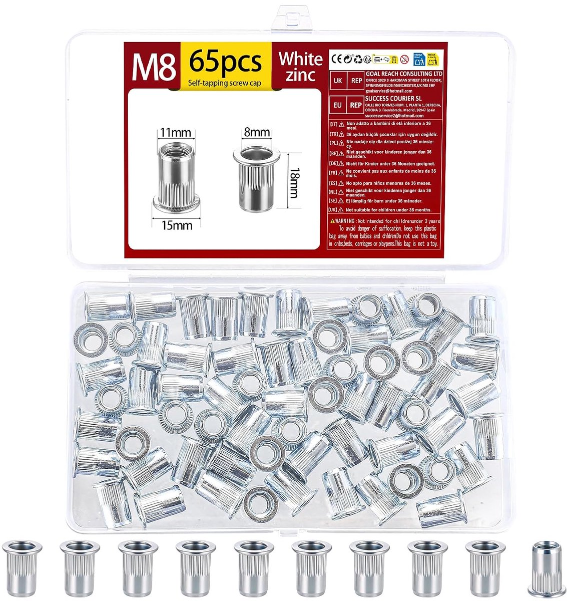 65 stuks M8 klinkmoeren, Klinkmoeren met platte kop, Klinkmoer met schroefdraad, assortiment witte verzinkte - ShopVlot