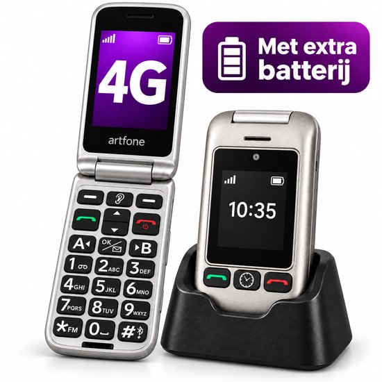 Artfone seniorenklaptelefoon in zilverkleur, open met 4G-logo en gesloten in laadstation. Met tekst 'Met extra batterij'.