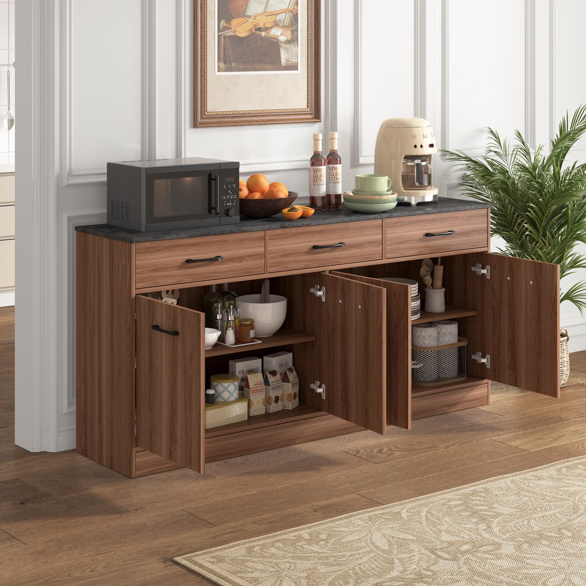 WUVRIE - Keukenkast 160 x 37 x 76,5 cm - 3 lades, verstelbare legplanken en betonlook werkblad - Walnoot