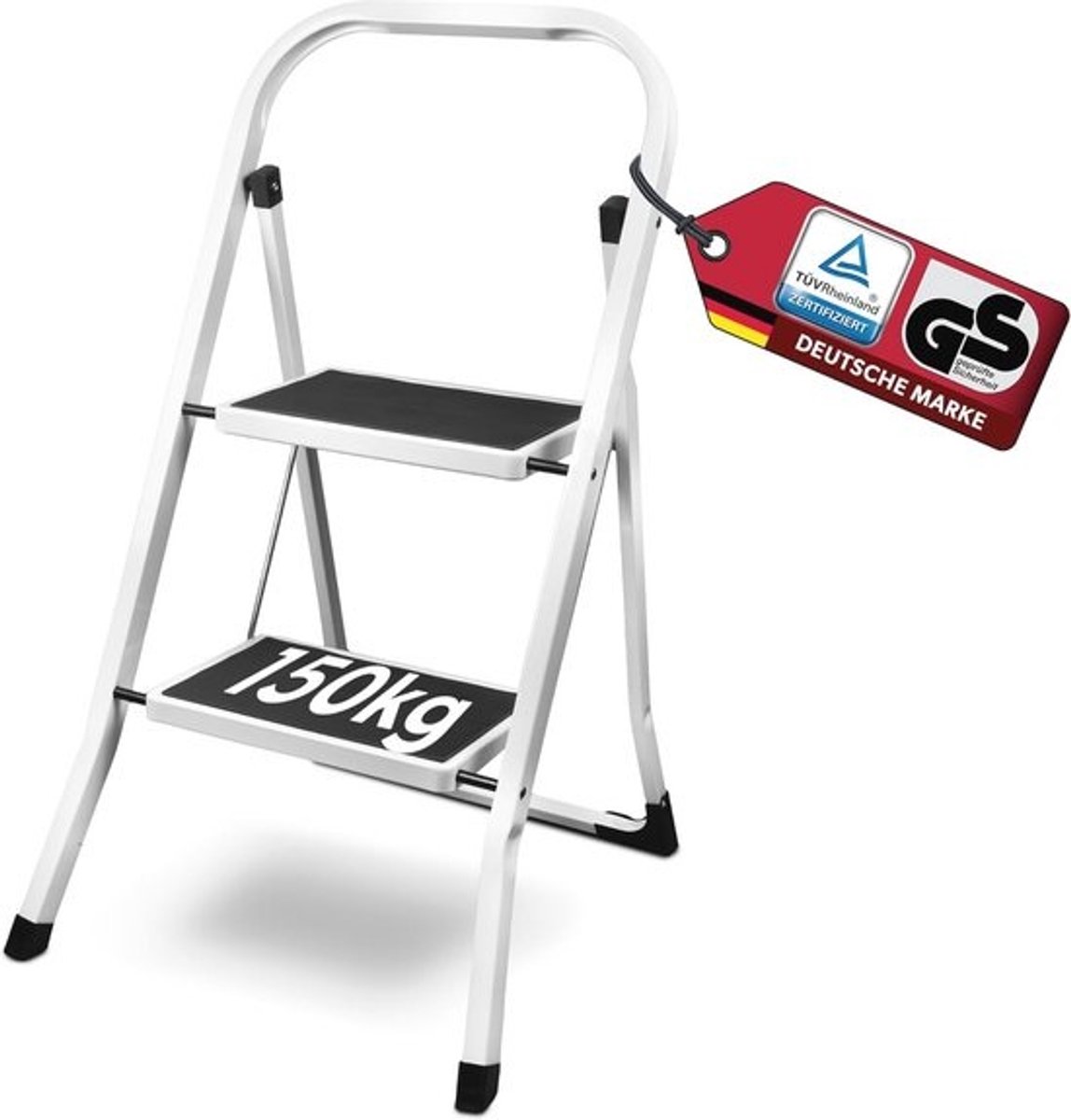 Vouwtrap - met 2 treden - Opstapkruk - kleine ladder - Voor huishoudelijke klussen - Extra brede treden - Belastbaar tot 150 kg - Wit