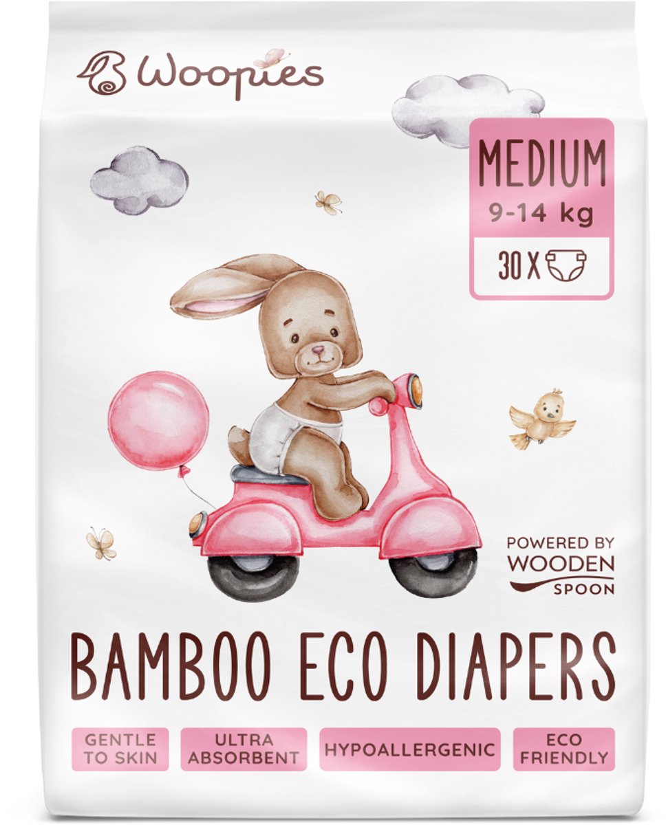 Woopies Biologisch Afbreekbare Bamboe Luiers Medium (9–14 kg)-30 luiers-Superabsorberende-Vochtindicator- zijsluitingen