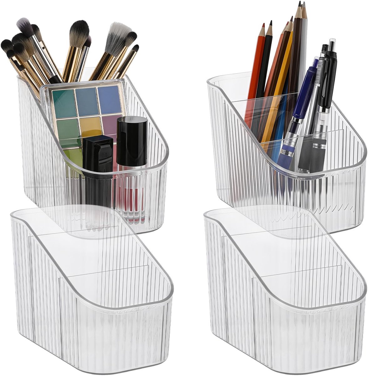SnelShoppen - INTERWARM 4 Vintage Gestreepte Make-Up Kwasten Houder met 3 Sleuven en Grote Capaciteit - Helder Display Standaard voor Make-Up Accessoi