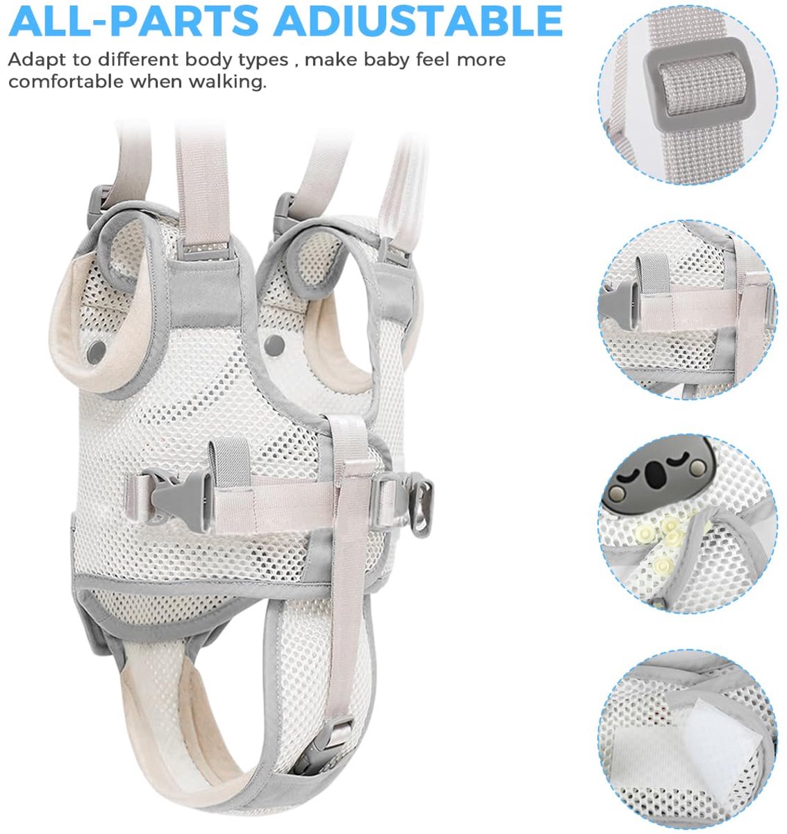 Baby Walker Assistant - Verstelbaar - Baby Walker Assistant - Baby Looptrainer - Leren Lopen - Baby Walker - Leren Lopen Assistent - Veilig Loopwagen Tuigje - Baby Assistent - Loopstoel Babywalker - Voor Peuters 9-24 Maanden - Grijs – foto 4