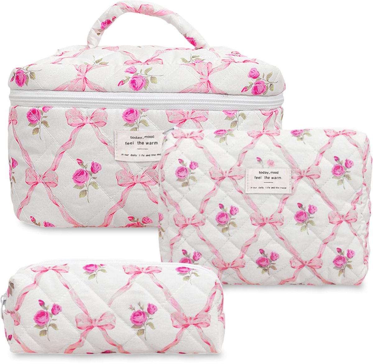 Aucuu 3-delige set make-uptas, reis-cosmeticatasje voor dames, toilettas voor dames met bloemenpatroon, gewatteerde - ShopVlot