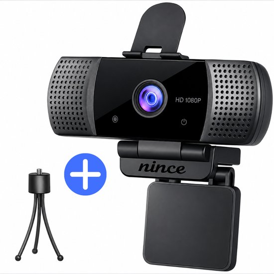 Zwarte Nince webcam met HD 1080P, privacy cover, microfoon en een mini statief.