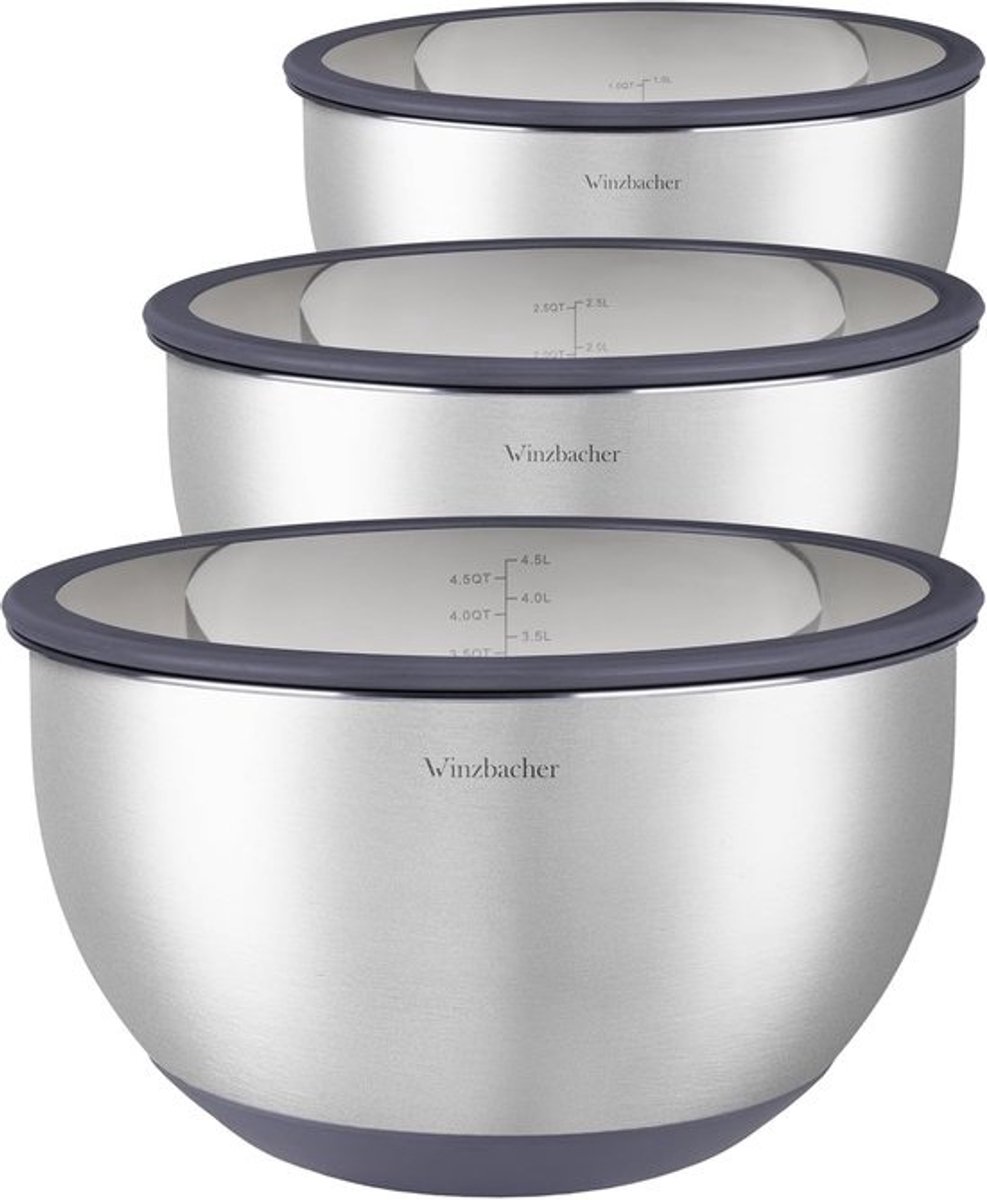 SnelShoppen - RVS-mengkommenset met glazen deksel - 3-delig - 1 L + 2,5 L + 4,5 L - Antislip - Stapelbaar - Vaatwasmachinebestendig - Ideaal voor salades en koken