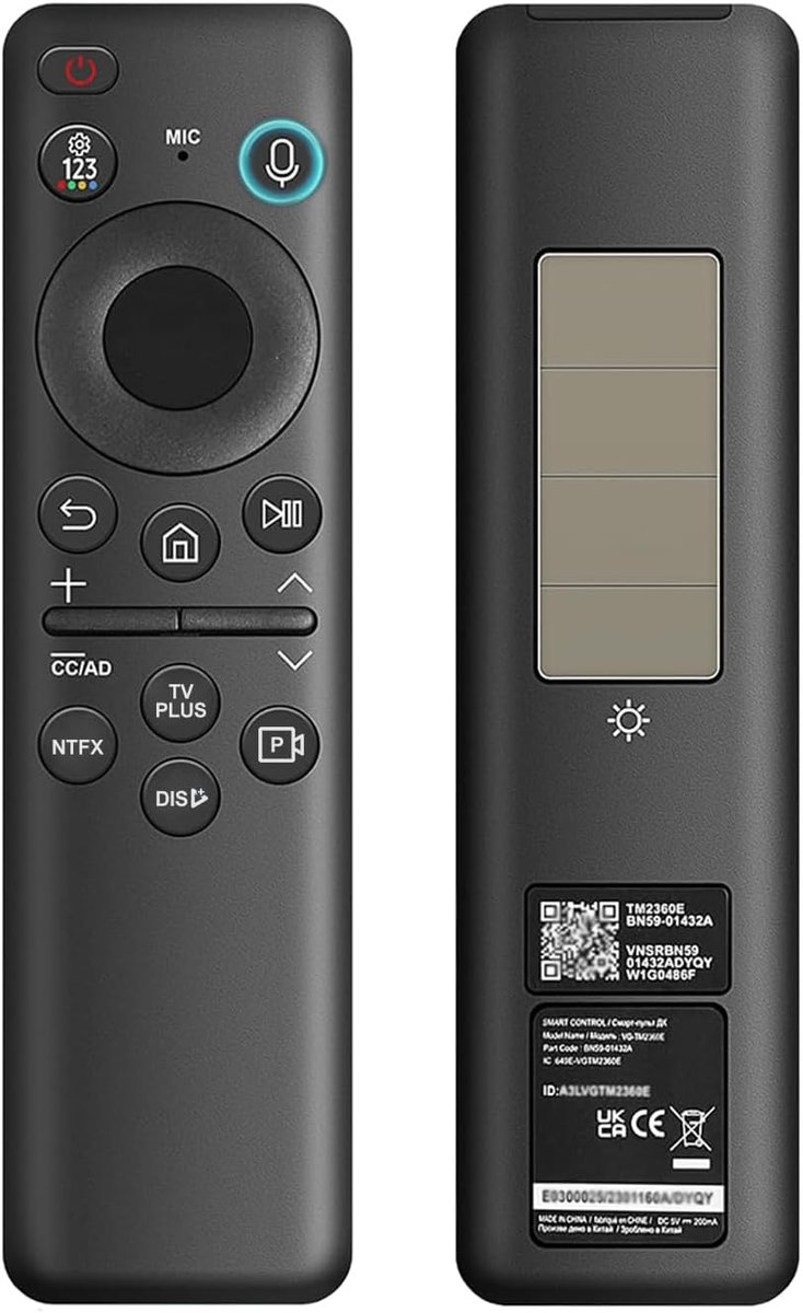 Vervangsbediening voor Samsung Smart TV, BN59-01432A Universele zonne-energie afstandsbediening met stem zoeken en opladen, Compatibel met Samsung Frame Neo QLED 4K 8K HDR Smart TV