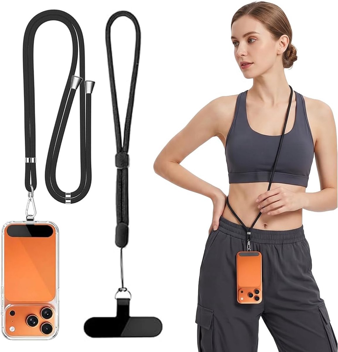 2 stuks telefoonketting, lang en kort model, verstelbare telefoonhouder met patch, van polyester en Oxford-stof, voor dames en heren