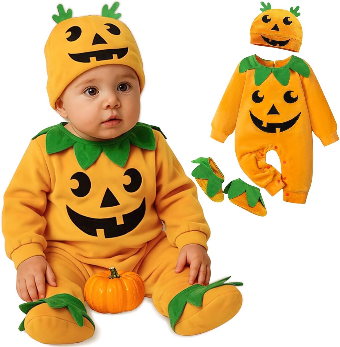 Halloween-Kostuum Voor Baby's, Pompoenkostuum Voor Baby's, Meisjes, Jongens, Cosplay, Pompoenkostuum Met Capuchon en Gestreepte Broek Voors Babys Van 0 tot 18 Maanden