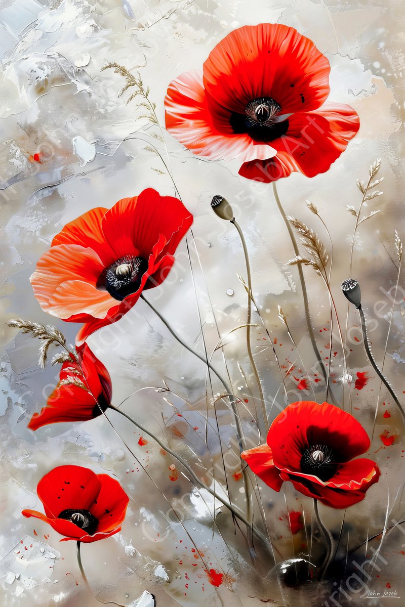 John Joseb Art (Canvas) 120x80 | Klaprozen, bloemen, rood, grijs, bruin, sepia, geschilderde stijl, kunst | bloem, klaproos, modern | Foto-Schilderij canvas print (wanddecoratie) Canvas, dikte 2 cm
