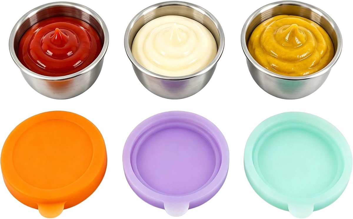 3 stuks 50 ml mini-blikjes, snackbox voor kinderen, roestvrij staal, yoghurtbeker, kleine voedselcontainer, lekvrije mini-bento box, sauscontainer met siliconen deksels