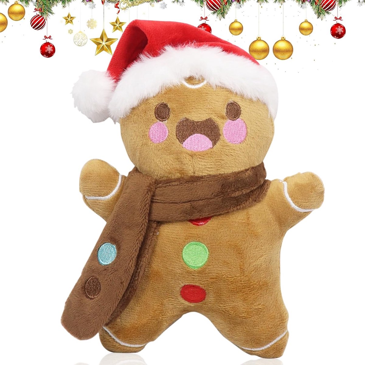 Pluche dier Kerstmis peperkoek knuffeldier met rode muts en bruine sjaal, 26 cm, zachte stof, cadeau kerstdecoratie voor familie vrienden, voor feestjes, woonkamer, slaapkamer