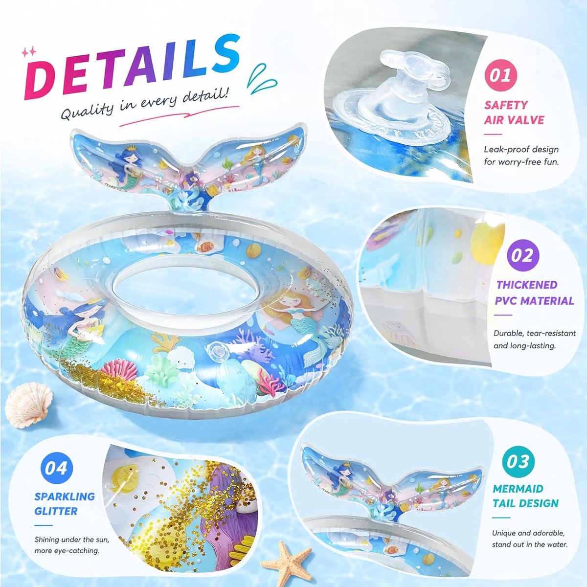 Zwemband voor volwassenen, grote zwemband zeemeermin met glitter, opblaasbare zwembadring voor volwassenen en kinderen, zwemring, waterspeelgoed voor zwembad, party, strand, zomer